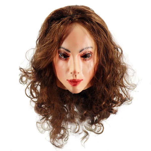 Masques de fête réaliste femme Latex masque femme visage Halloween avec perruque dame Crossdressing Sissy transgenre Costume 230705
