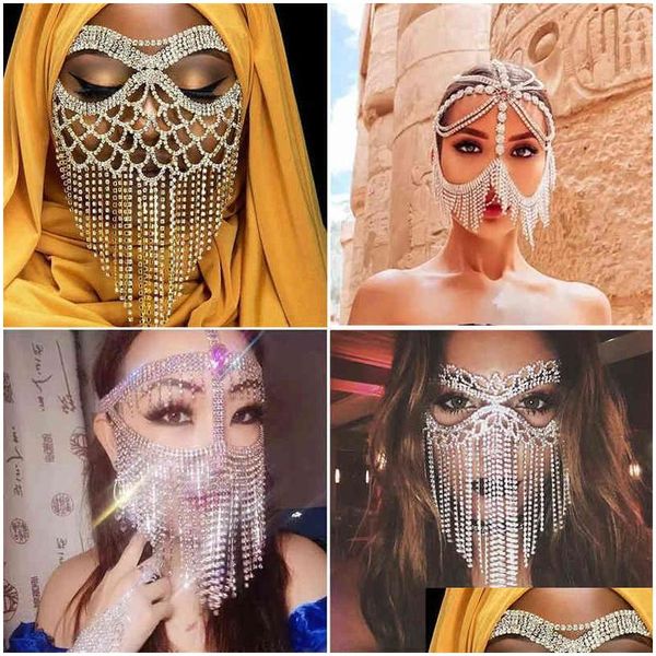 Party Masks Rhingestone Pichet Masquerade Face Bijoux pour femmes Accessoires pour le visage Halloween Sexy Mask Chain Decoration Veils Bridal Dhusl