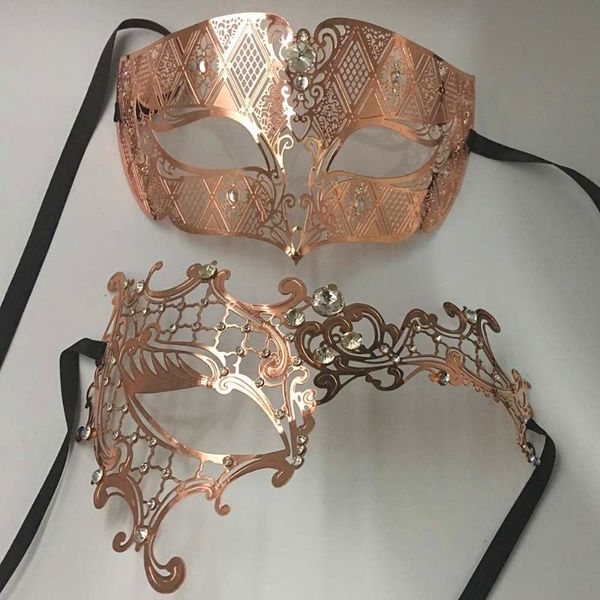 Masques de fête Rose Gold Couple Paire Amant Femme Mascarade Masque Métal Vénitien Bal Pour Bal Noël Mariage Mardi Gras PartyParty