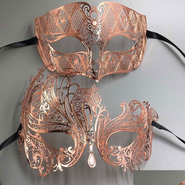 Máscaras de fiesta Oro rosa Mujeres Hombres Pareja Par Amante Hecho de metal ligero Corte por láser Filigrana Veneciana Mardi Gras Mascarada Ball Prom Ma DH2FS