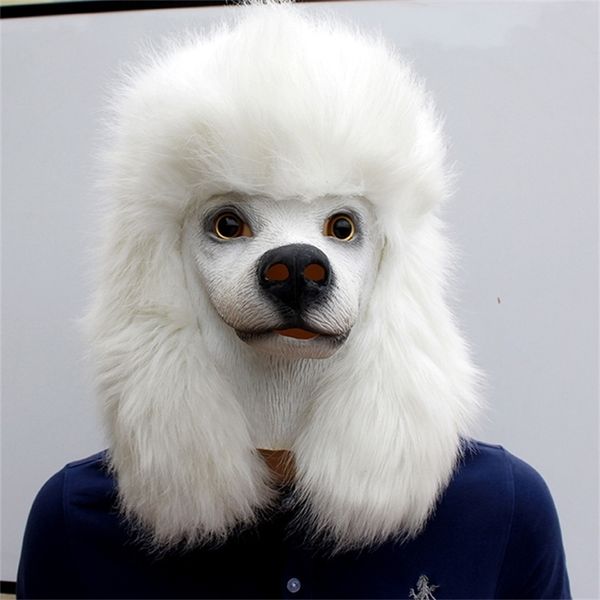 Masques de fête Samoye blanc caniche tête chien adulte réaliste Animal Latex Halloween Cosplay accessoires 220920