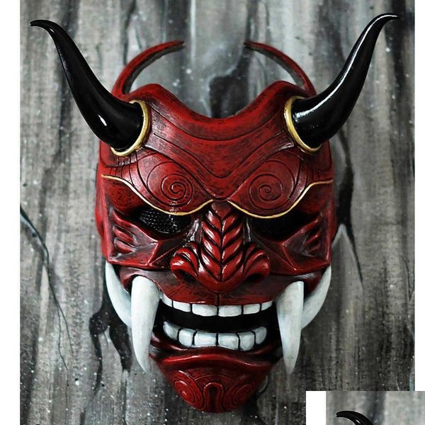 Masques de fête Masque de samouraï Rouge Prajna Cospiay Noh Japonais Latex Grie Fangs Drôle Effrayant Fantôme Dieu Assistant Halloween Mascarade X0803 Dr Dhhva