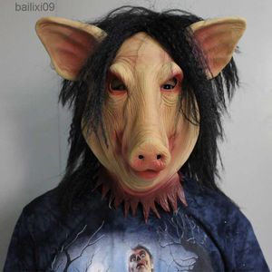 Masques de fête Saw Pig Head Masques effrayants Nouveauté Masque d'Halloween avec cheveux Masque d'Halloween Costume de cosplay effrayant Fournitures de vacances en latex T230905