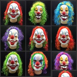 Masques de fête Masque de clown effrayant Adt Halloween Tueur maléfique Déguisement Horreur Jolly Latex Cheveux Fl Visage Costume Cosplay Accessoire Drop de Dhczg