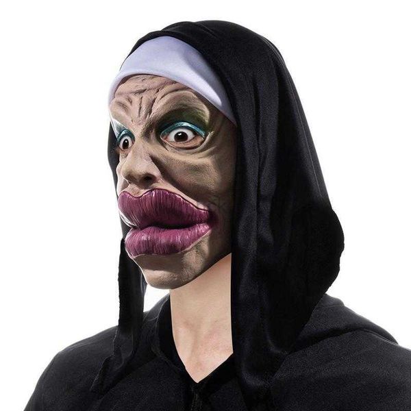 Máscaras de fiesta Scary Halloween Nun Faceshield Cosplay Faceshield con pañuelo en la cabeza y grandes labios sexy Fiesta de Halloween Town Nun Faceshield 2 HKD230801