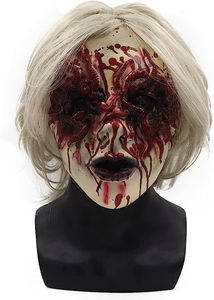 Masques de fête Masque effrayant Creepy Bloody Monster Diable Femmes Sorcière avec des cheveux blancs pour Costume Cosplay Horreur Props 230821