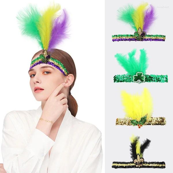 Masques de fête bandeau à paillettes jaune vert et violet coiffe de plumes sauvage pour le festival du Mardi Gras au Brésil