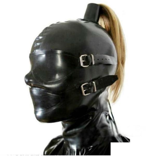 Masques de fête Sexy Black Latex Hood Masque en caoutchouc avec yeux et bouche ER Bandage arrière Plthrough Trou de queue de cheval sans cheveux 7051621 Drop D Dh0BM