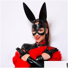 Masques de fête Masque de chat en cuir sexy Bdsm Tête fétiche Noir Demi-yeux Cosplay Visage Adt Halloween Mascarade Masks259E5786714 Drop Deliv Ot6P4