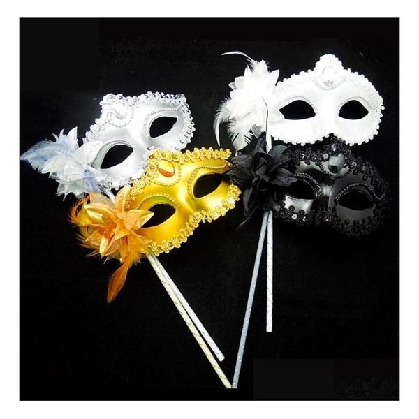 Máscaras de fiesta Mascarada veneciana Máscara de bola de baile Boda Vestido de lujo Máscara de ojos en palo Flor de lirio Pluma de encaje Celebrada Entrega de gota Hom DHZPS