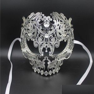 Party Maskers Groothandel- Zwart Fl Face Skl Mannen Vrouwen Metaal Laser Cut Sier Maskerade Goud Rode Bal Strass Prom Venetiaans Masker Drop Dhqjt