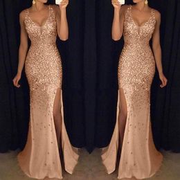 Party Nachtkleid Frauen Pailletten Prom Sexy Gold Kleider Brautjungfer V-Ausschnitt Langes elegantes Sommerkleid Robe Femme 2019236c