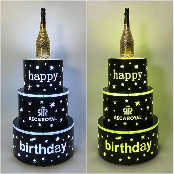 Party Nightclub rechargeable Joyeux anniversaire lumineux 3 couches LED présentateur de bouteille de gâteau OEM logo personnalisé Champagne Glorifier Neon Sign