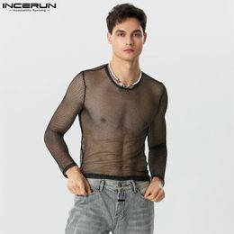 Party Nightclub Style Tops Incerun Men Glitter Mesh See-Through Camiseta Sexy Male mâle T-shirts minces S-5XL 240410