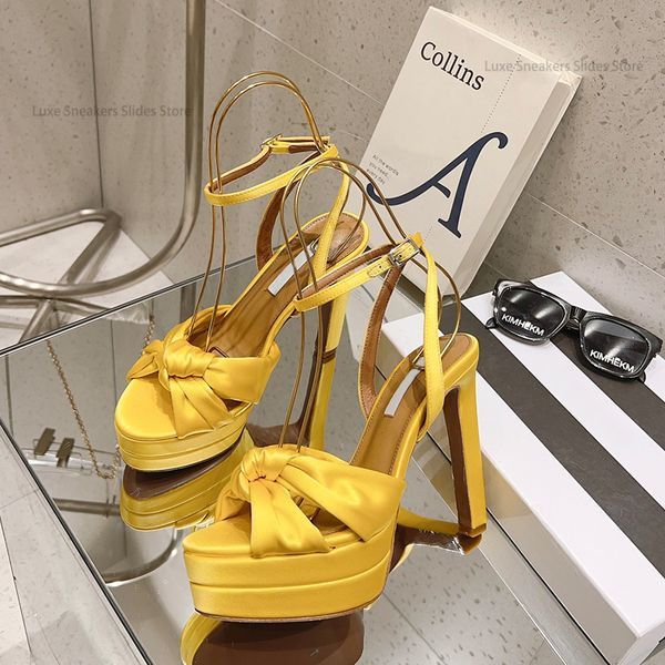 Plate-forme de fête sandales jaunes sandales talon 145 mm de haut de gamme de luxe féminine à talons hauts chaussures de robe de mariée en cuir en cuir avec boîte
