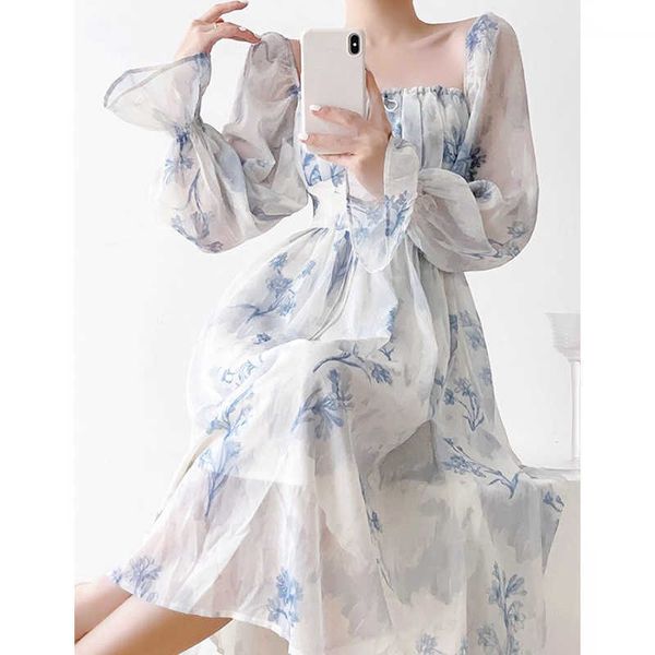 Robe de soirée imprimée pour femmes 2023 nouvelle mode doux col carré lanterne manches robe mi-longue Style français Chic robes élégantes