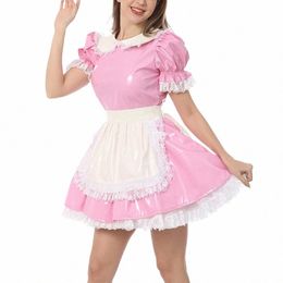 Fiesta Puff manga corta plisada Maid Dr con abril brillante PVC cuero Halen Cosplay Maid uniforme Sissy exóticos trajes de mucama E0JM #