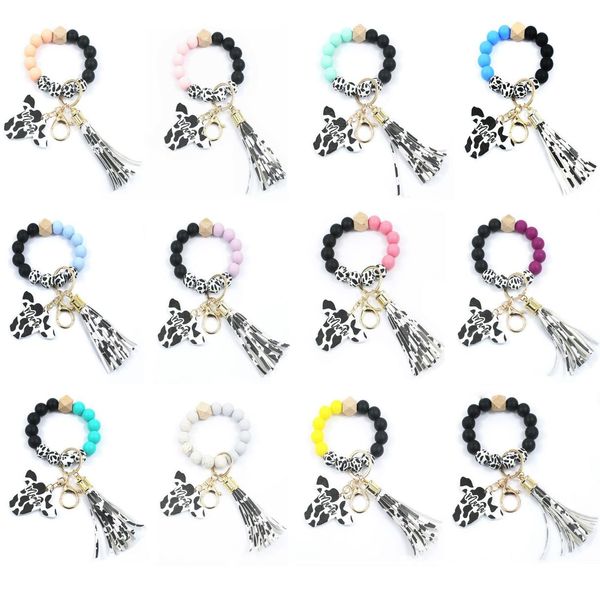 Parti Silicone Cursive Vache Perle Bracelet Bois Disque Bracelet Porte-clés Vache Gland Ox Tête Poignet Porte-clés Charme Pendentif Accessoire