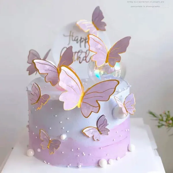 Fournitures de fête 1/10pcs Papillon Gâteau Toppers Paillettes Violet Rose Papillons Décoration Carte Pour Les Filles De Mariage Joyeux Anniversaire Décors