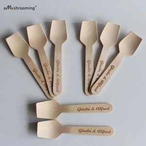 Suministros de fiesta 100pcs Nombre personalizado Favor de la boda Cosas Aniversario Ice Cream Take APETIZA MINI BIODEGRADABLE MADERA