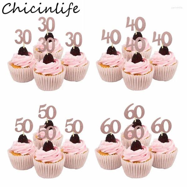 Fourniture de fête 10pcs Rose Gold 30th 40th 50th 60th Birthday Cupcake Toppers for Adult 30 Year Anniversary Cake Decor