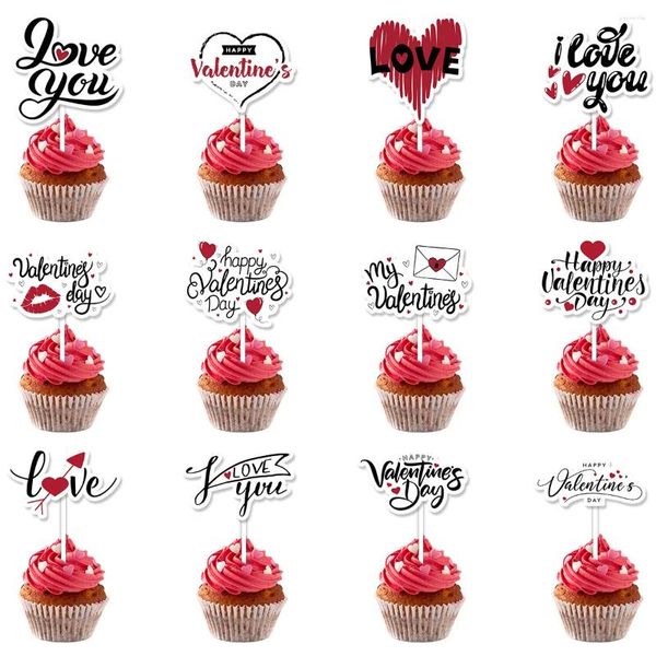 Suministros de fiesta 12/24 PCS Happy Valentine's Day Cake Topper Sweet Heart Love You My Valentines Pick Wedding Engagement Decoration