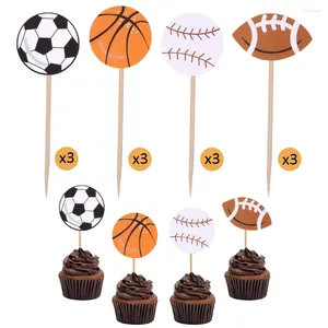 Fourniture de fête 12 pièces Sports Cupcake Toppers Football Tennis Gâteau de volleyball pour garçons Décoration d'anniversaire des adolescents