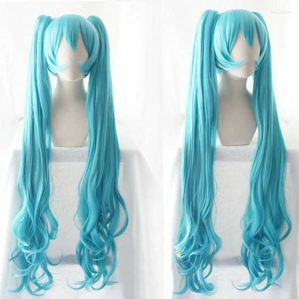 Suministros para fiestas, coletas rizadas largas de 120cm, peluca de Cosplay, sombreros azules, pelo resistente al calor, Navidad, mujeres adultas, Mikuu