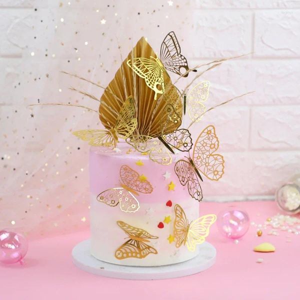 Décoration de gâteau papillon artificiel doré, 12 pièces, fournitures de fête, décoration DIY pour mariage, anniversaire, Cupcake Rose argent