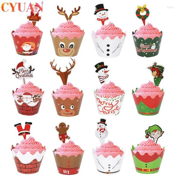 Emballage de Cupcake de noël, fournitures de fête, emballage de décoration de gâteau en papier, cerf, père noël, année de noël, 12 pièces/ensemble