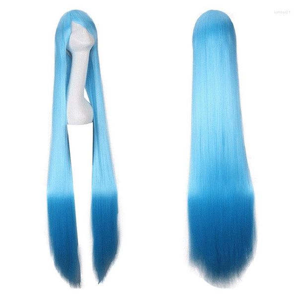 Perruques synthétiques lisses bleu ciel de 150CM de long, frange complète de 59 pouces pour femmes, faux cheveux, perruque de Cosplay Anime Halloween résistante à la chaleur