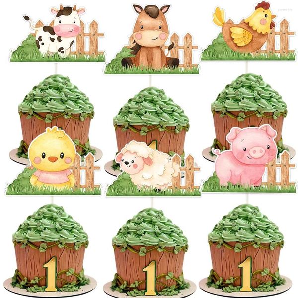 Fourniture de fête 18pcs Carton Farm Animal Cupcake Toppers For Kids Themed Happy Birthday Baby Shower Decorations Gâteau DIY