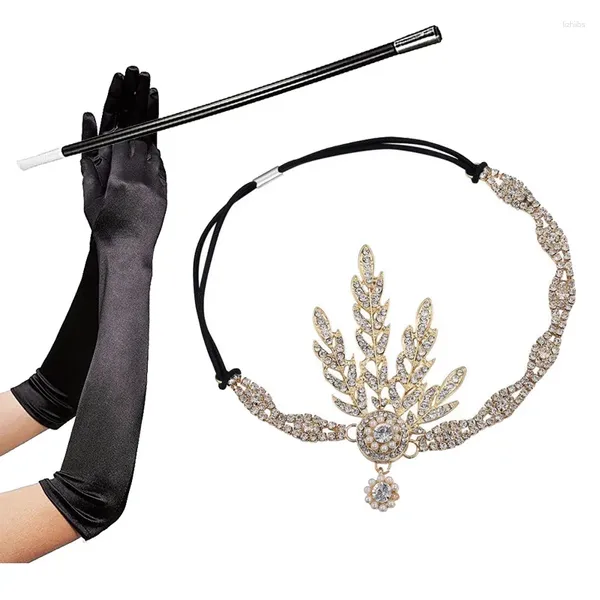 Fournitures de fête Années 1920 Flapper Great Gatsby Accessoires Ensemble Feuille Médaillon Perle Bandeau Gants Noirs Porte-Cigarette 3 Pièces Costume