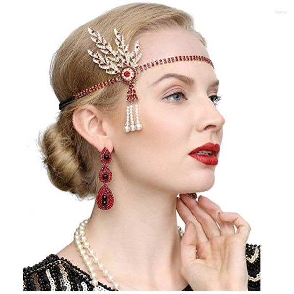 Articles de fête 1920s Flapper Headpiece Roaring 20s Feather Bandeau Gatsby Cheveux Accessoires Perle Boucles D'oreilles Ensembles