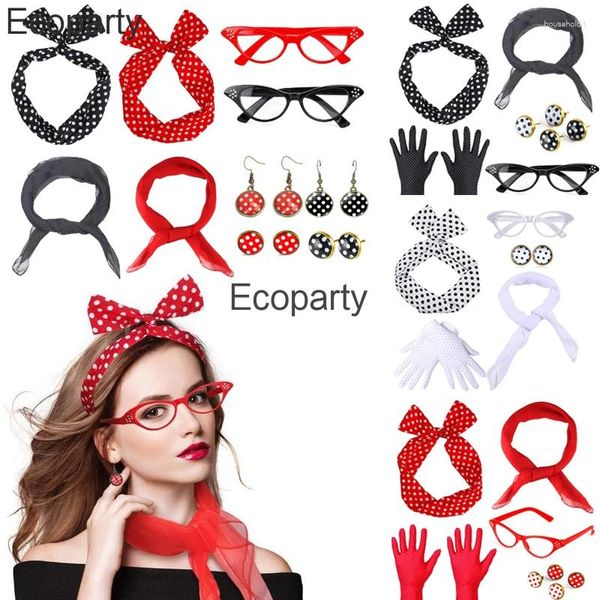 Suministros para fiestas Conjunto de accesorios para disfraces de los años 50 para mujer Bufanda de grasa Diadema Gafas Pendiente Decoraciones de los años 50 y 80 Bandana Pendientes de corbata