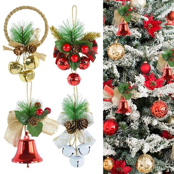 Fournitures de fête 1pc Noël Jingle Bells Pendentifs Baies rouges Pin Bow Bell Arbre de Noël Décoration suspendue pour la maison Noel Année Ornement