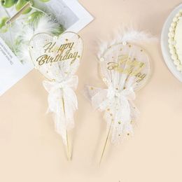 Fournitures de fête 1 pièce, garniture de gâteau joyeux anniversaire en or, robe en gaze de plumes, décoration de Table pour Dessert de mariage