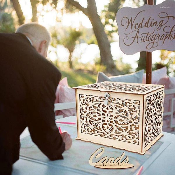 Suministros de fiesta 1 PC Caja de tarjetas de boda rústica con bloqueo de dinero de regalo de madera y letrero para decoraciones de aniversario de recepción de cumpleaños