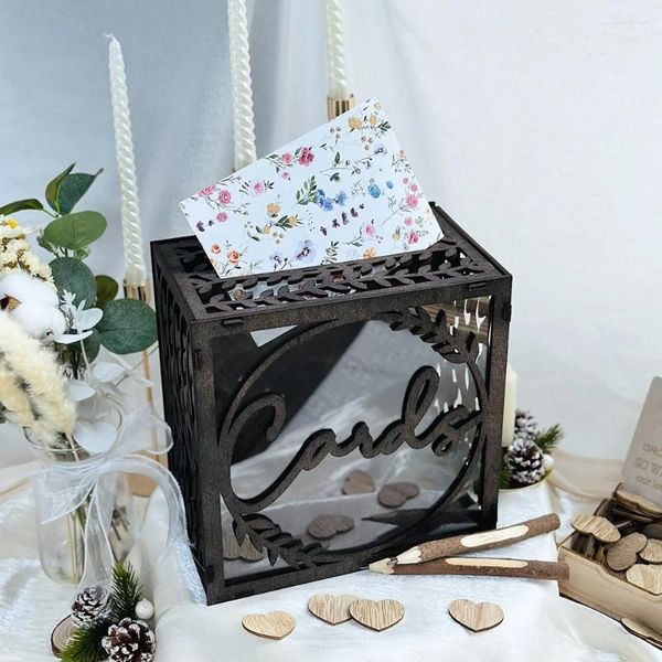 Fournitures de fête 1pcs Boîtes de carte de mariage en bois avec fenêtre Brown Enveloppe Gift Box pour baby shower anniversaire de remise des diplômes décor
