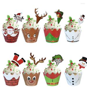 Feestbenodigdheden 24 -stks/set Merry Christmas Snowman Cake Topper Paper Cups Muffin Cupcake Liners voor thuisjaar Xmas Birthday Decoratie