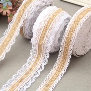 Fournitures de fête 2M Naturel Jute Toile De Jute Hessian Dentelle Ruban Rouleau et Dentelle Blanche Vintage Décorations De Fête De Mariage Artisanat Décoratif 289g