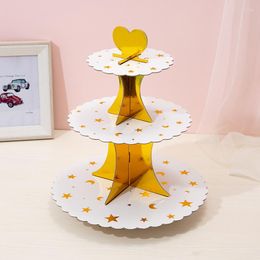 Feestbenodigdheden 3 Laag Gold Star Cupcake Stand Paper Round Round Cardboard Dessert Foldable Birthday for Wedding Holder Table