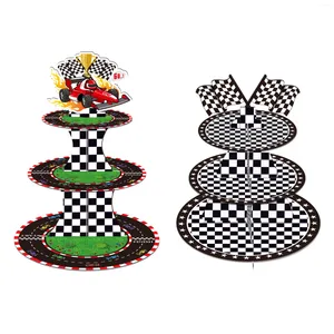 Party Supplies 3 Tier Cartoon Racing Car Game Cake Display Stand Chessboard Grid Cupcake Rack Holder Birthday Tray Decoration