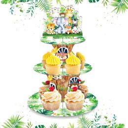 Fournitures de fête 3TIER CARTOON JUNGLE SAFARI CAKE Affichage de gâteau d'animaux sauvages Birthday Cupcake Rack Holder Baby Shower Tray Decor