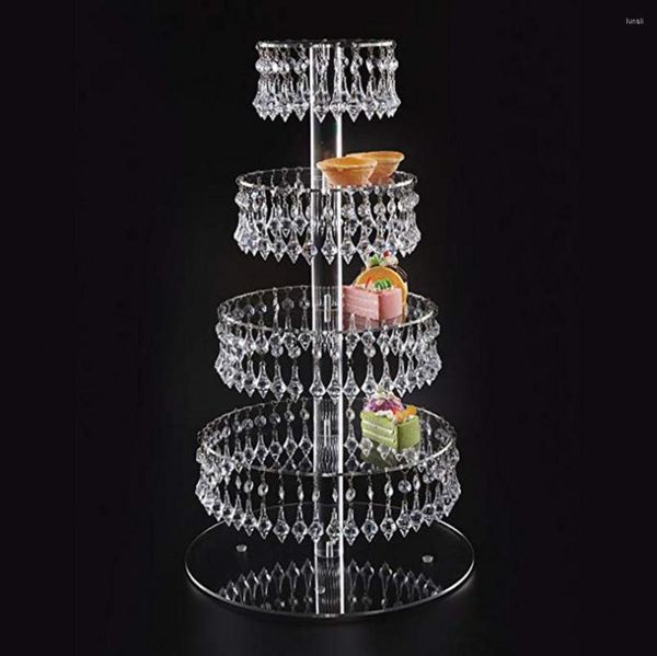 Fournitures de fête 5 niveaux Transparent cristal de mariage acrylique support de gâteau affichage support de Cupcake avec des brins de perles centres de Table