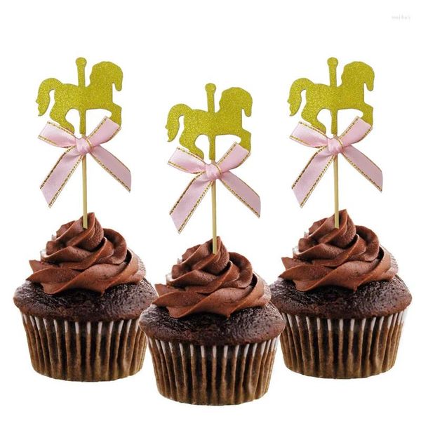 Fournitures de fête 5pcs Gold Glitter Carousel Horse Cupcake Toppers Décorations de gâteau avec Bowknot pour Baby Shower 1er anniversaire Faveurs