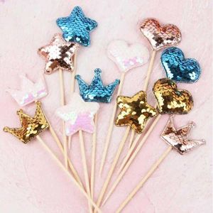 Fours de fête 5pcs beaux paillettes coeur Star Crown Cake Topper pour le drapeau de cupcake d'anniversaire Décoration de mariage de douche de bébé