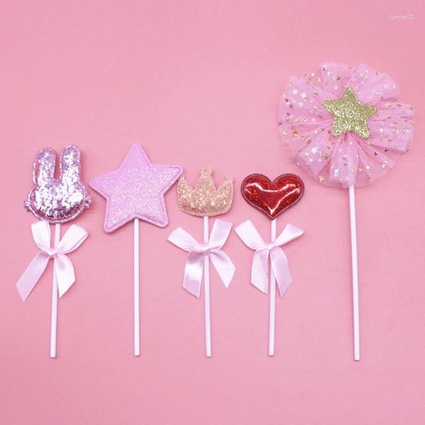 Party Supplies 5pcs Pink Girl Heart Baking Card Card Insertion Love Star Crown Birthday Cake Decoration Plugin pour le festival