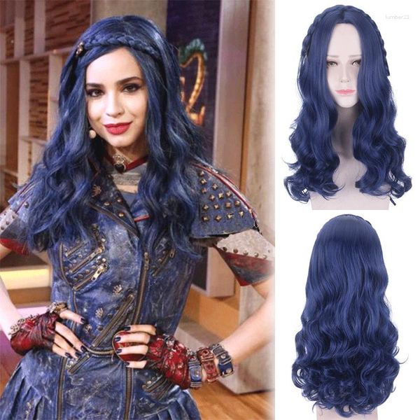 Perruque longue ondulée 60CM Descendants 2 Evie, fournitures de fête, Costume de Cosplay pour femmes, cheveux résistants à la chaleur, perruques de jeu de rôle d'halloween