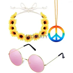 Artículos de fiesta Trajes de los años 70 para niñas y mujeres Conjunto de disfraz hippie W1 pieza Collar con el signo de la paz del arco iris 1 diadema de flores Gafas de sol hippie